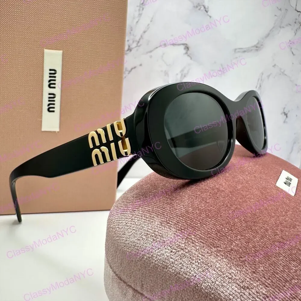 New MIU MIU Sunglasses Black Acetate Oval Gold Metal Logo Authentic Italy